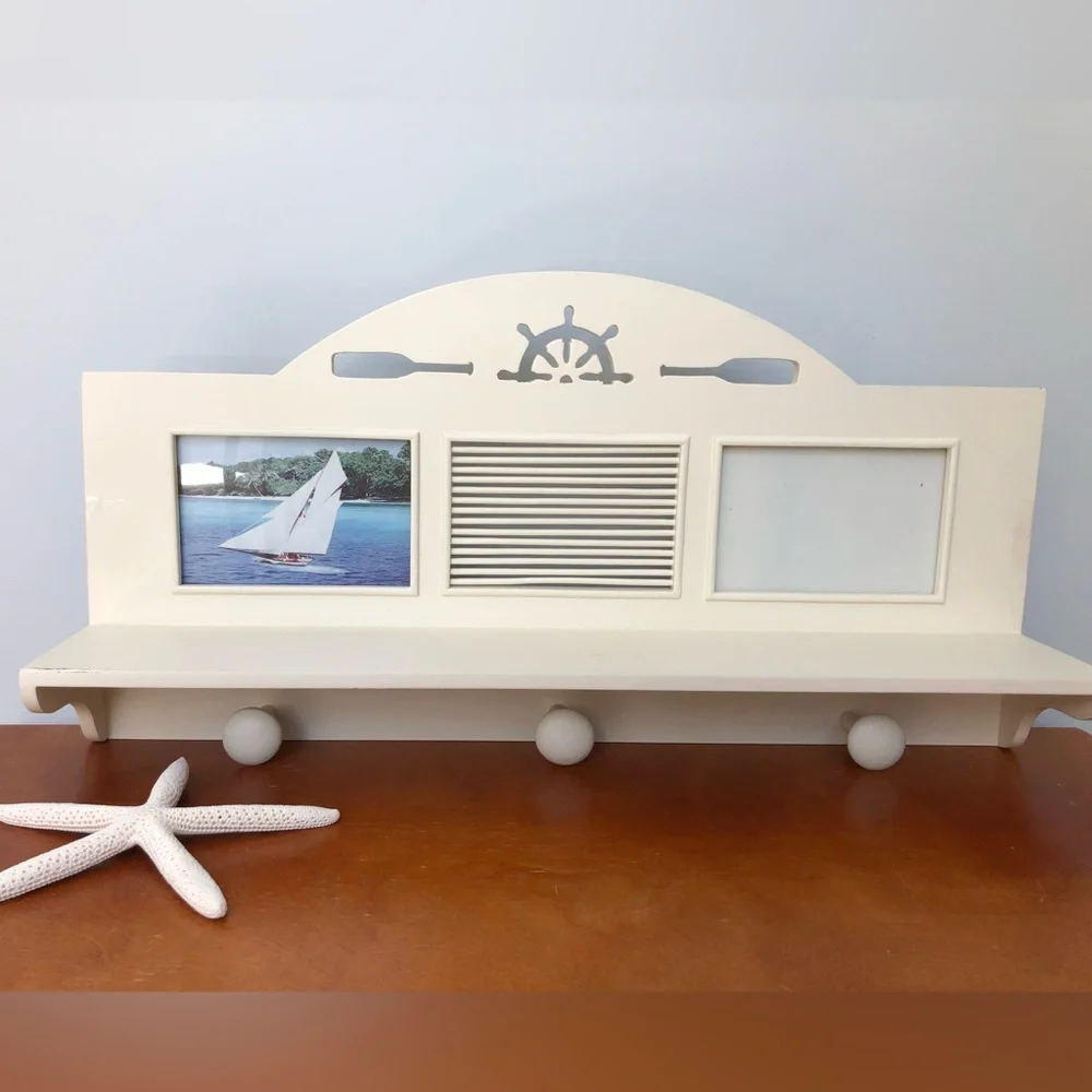 NEW Nautical Coastal Wall Shelf With Pegs & Photo Slots